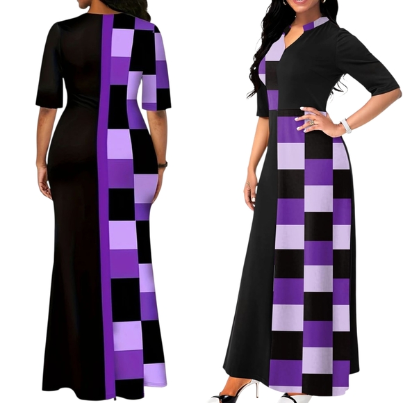 ☆Elegant Black and Purple Checkered Maxi Dress☆ - Picture 1 of 1
